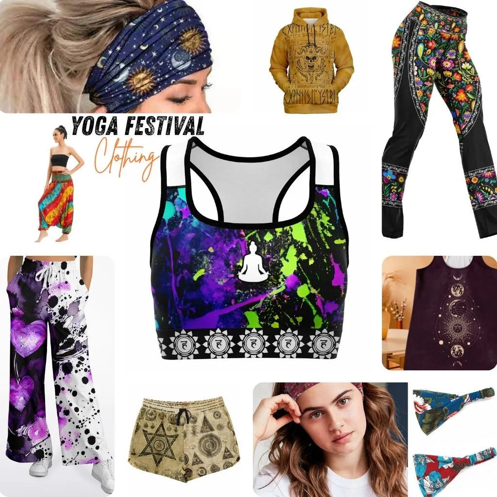 Grid collage of yoga festival clothing with boho pants, colorful tops, and accessories for vibrant gatherings