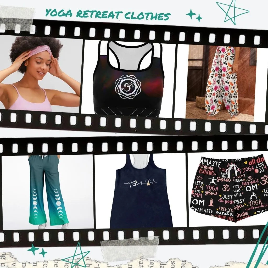 Grid of yoga retreat clothes including flowy tops, relaxed pants, and soft wraps in earthy mindful tones