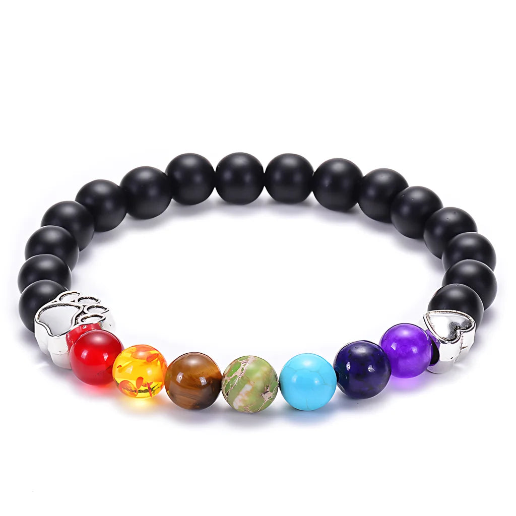 7 Chakra Stone Bracelet With Volcanic Rock Beads - Frosted Stone Silver