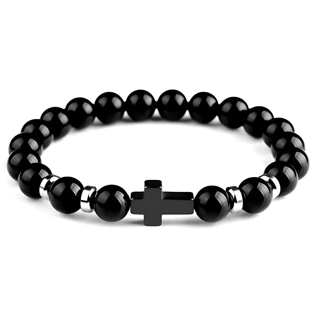 Beaded Cross Bracelet For Everyday Balance - Bright Black