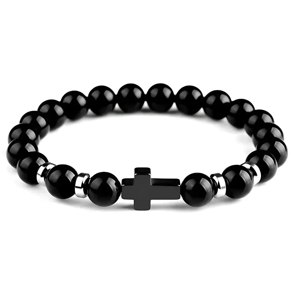 Beaded Cross Bracelet For Everyday Balance - Bright Black