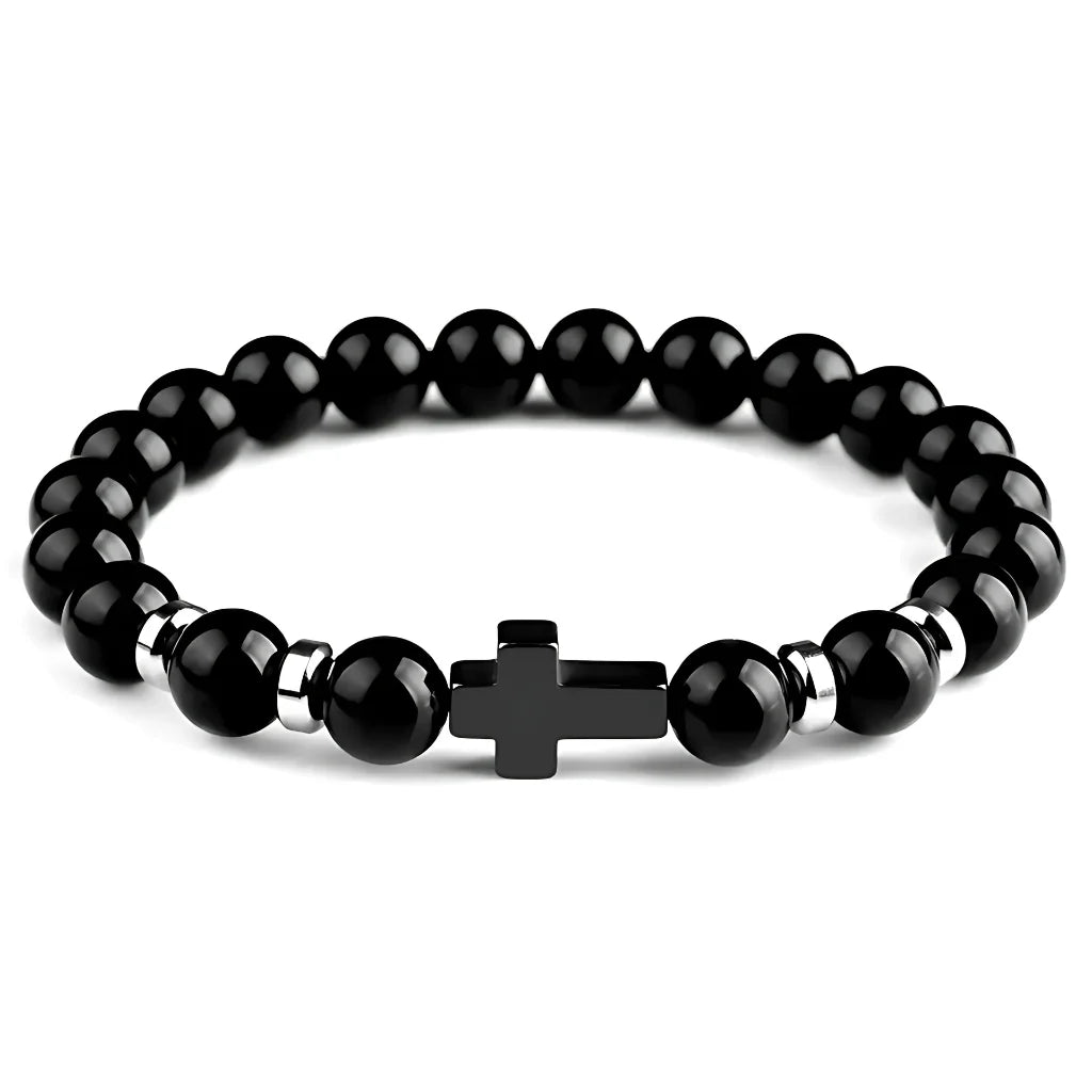 Beaded Cross Bracelet For Everyday Balance - Bright Black