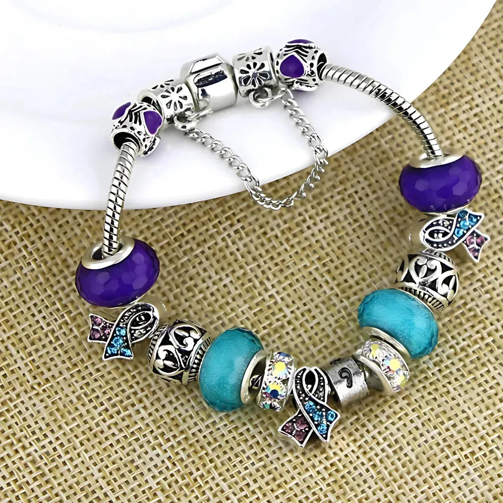 Beaded Resin Wire Wrap Bracelet With Copper Chain - Purple Blue18cm