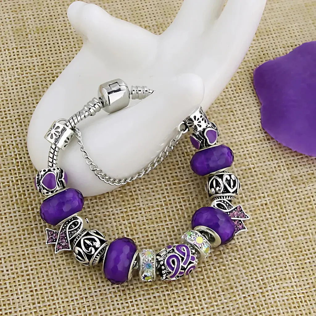 Beaded Resin Wire Wrap Bracelet With Copper Chain - Purple18cm