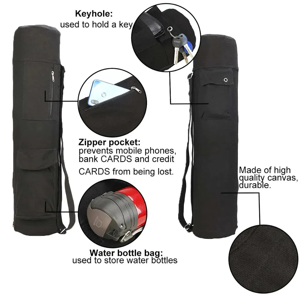 Black Canvas Yoga Bag For Mat With Pockets - Black