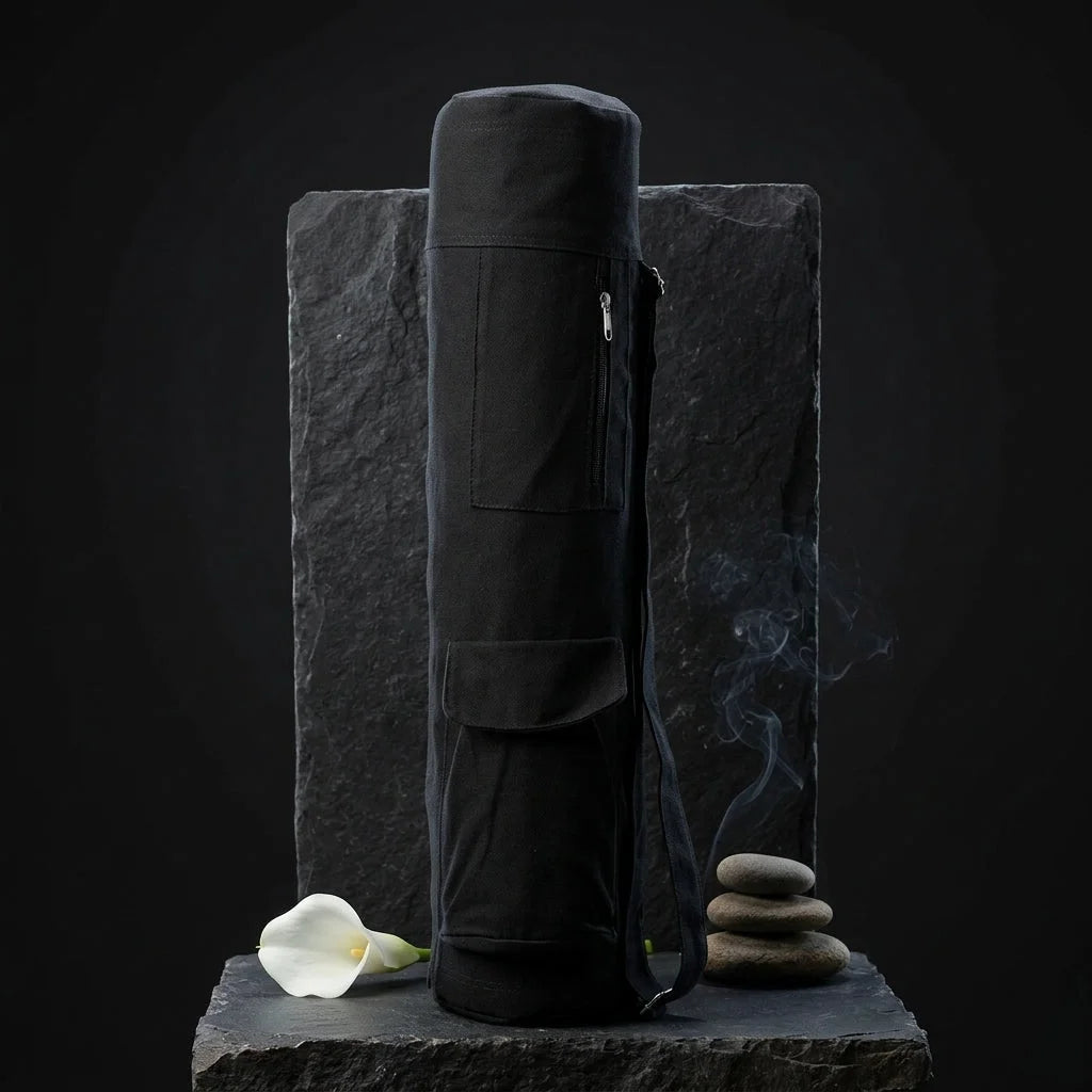 Black Canvas Yoga Bag For Mat With Pockets - Black