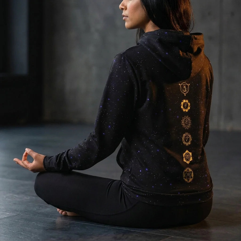 Black Hoodie Unisex With Sacred Star And Chakra Symbols