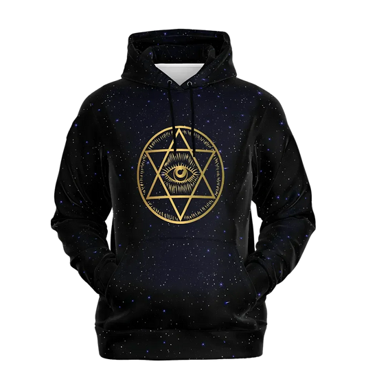Black Hoodie Unisex With Sacred Star And Chakra Symbols - XS