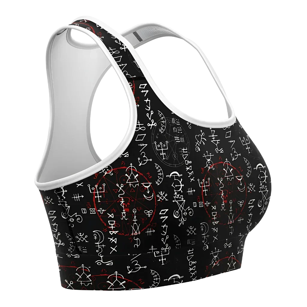 Black Sports Bra With Alchemy Symbol Print