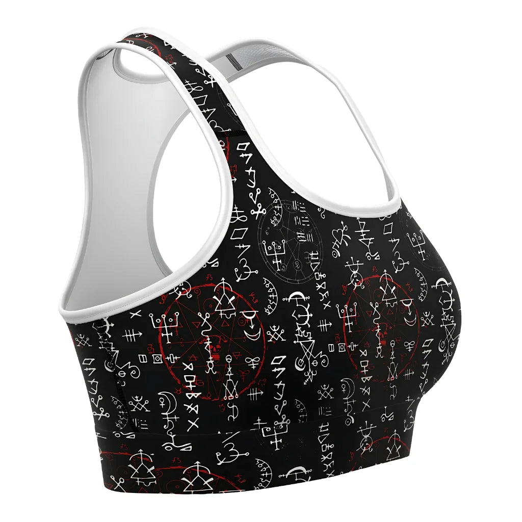 Black Sports Bra With Alchemy Symbol Print