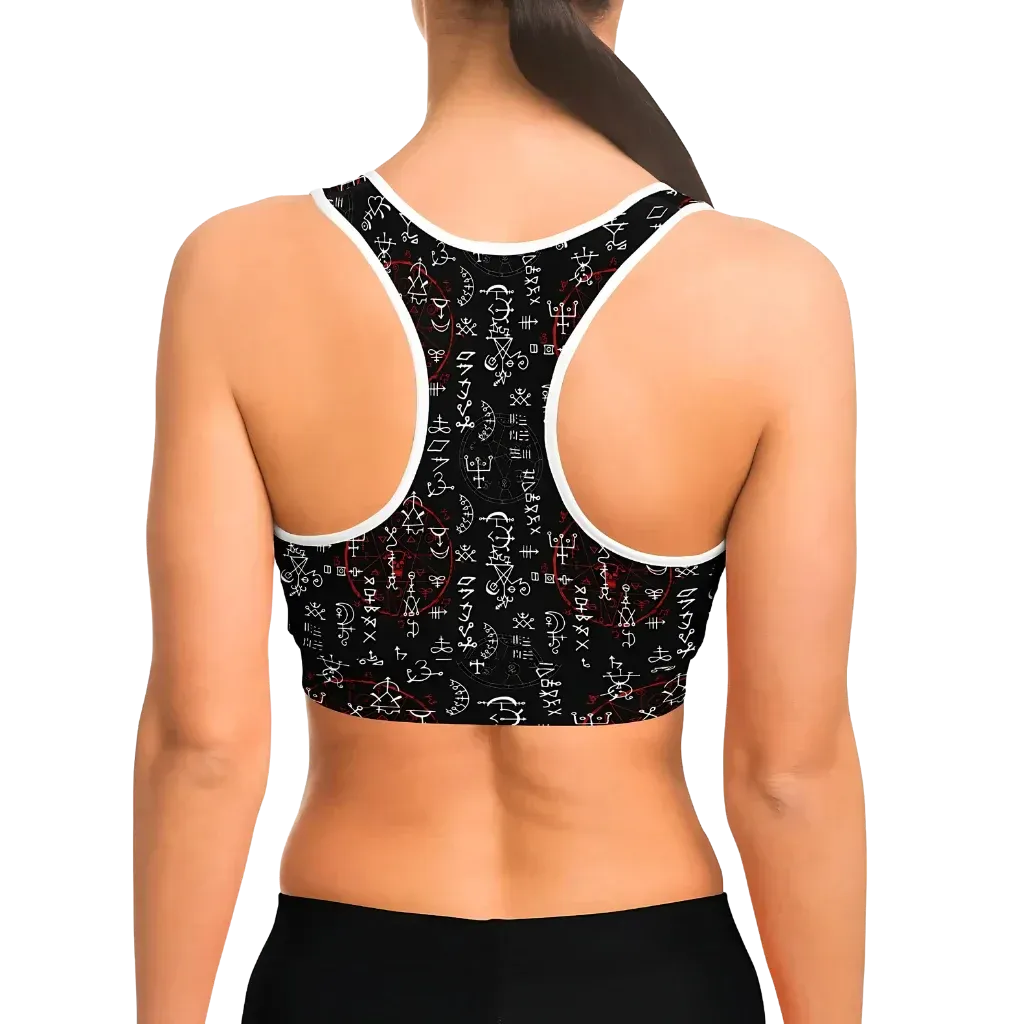 Black Sports Bra With Alchemy Symbol Print