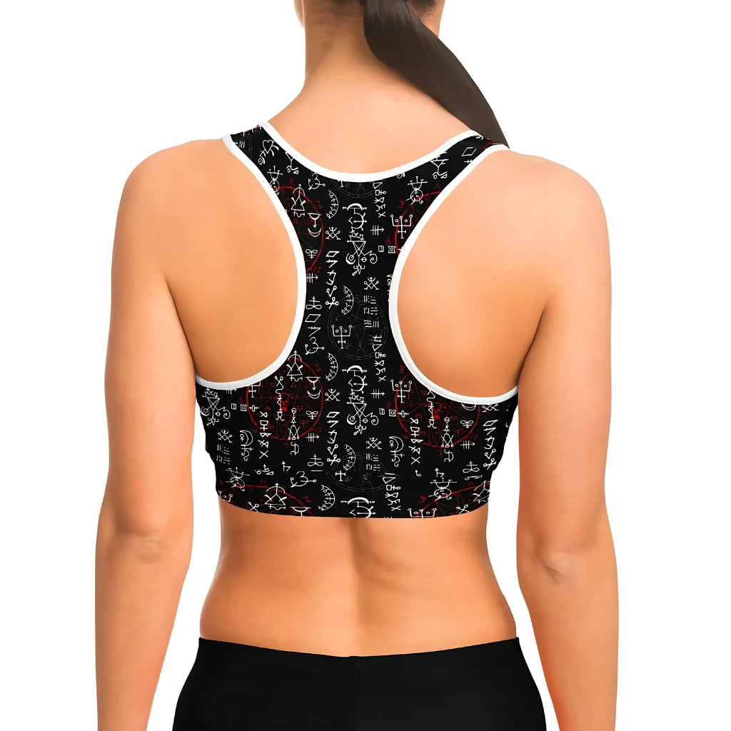 Black Sports Bra With Alchemy Symbol Print