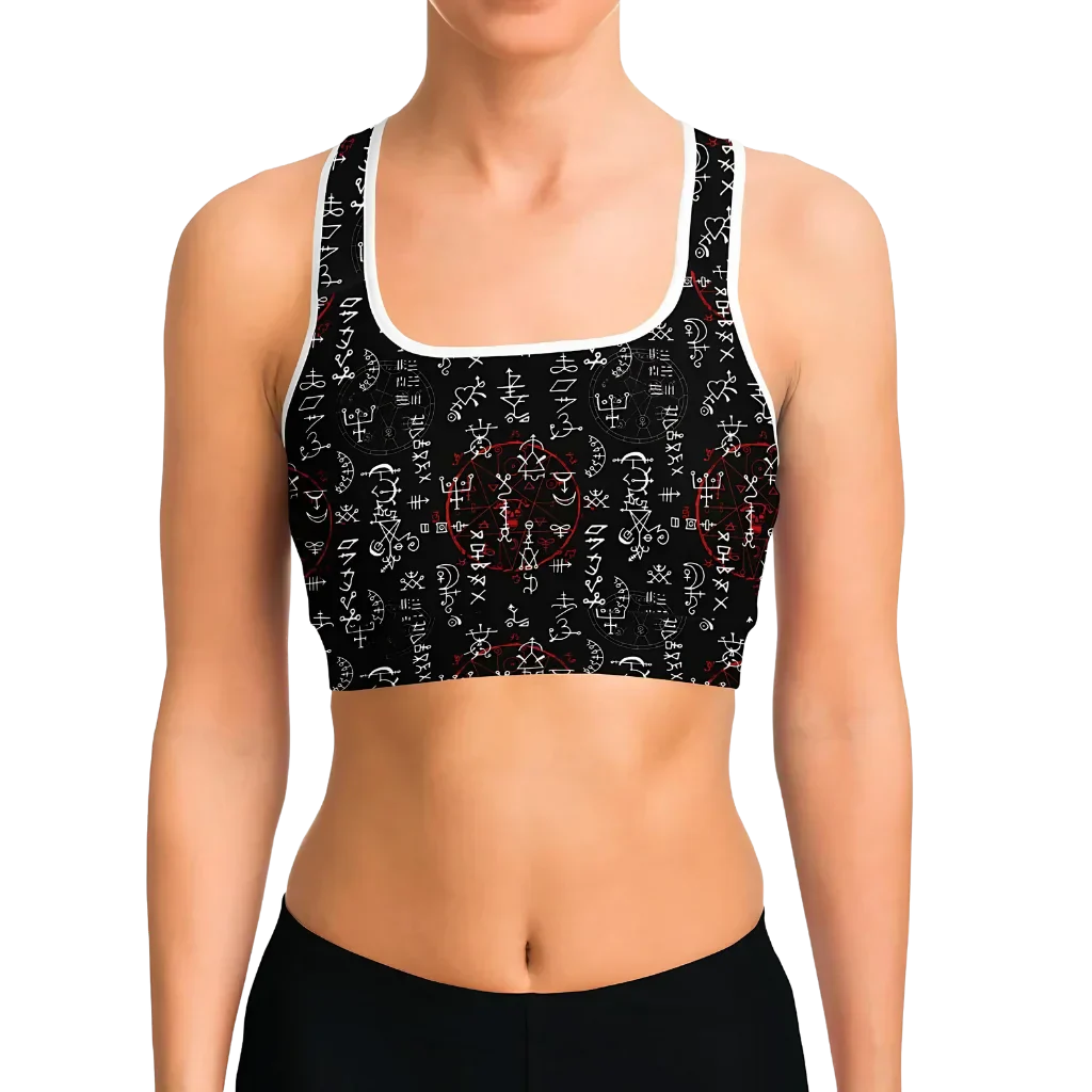 Black Sports Bra With Alchemy Symbol Print