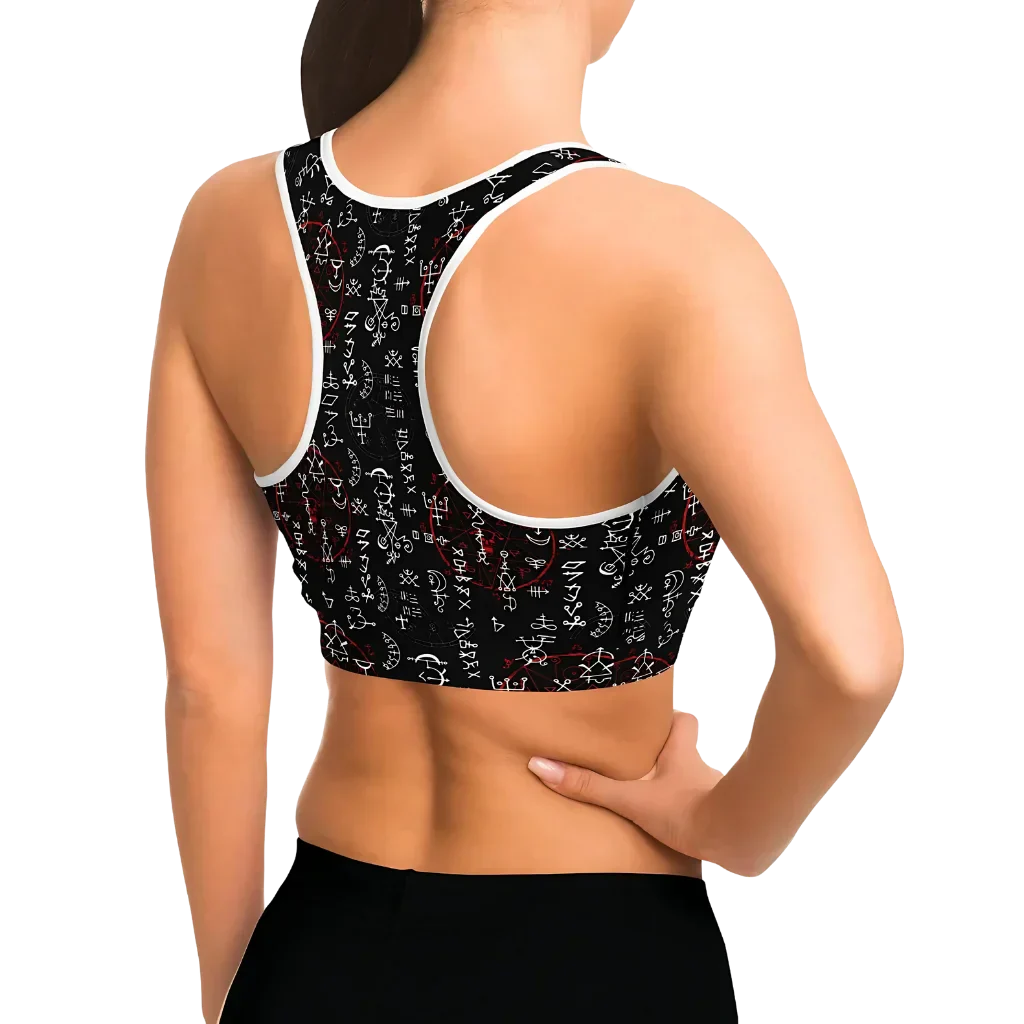 Black Sports Bra With Alchemy Symbol Print