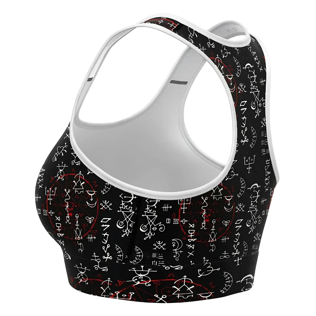 Black Sports Bra With Alchemy Symbol Print