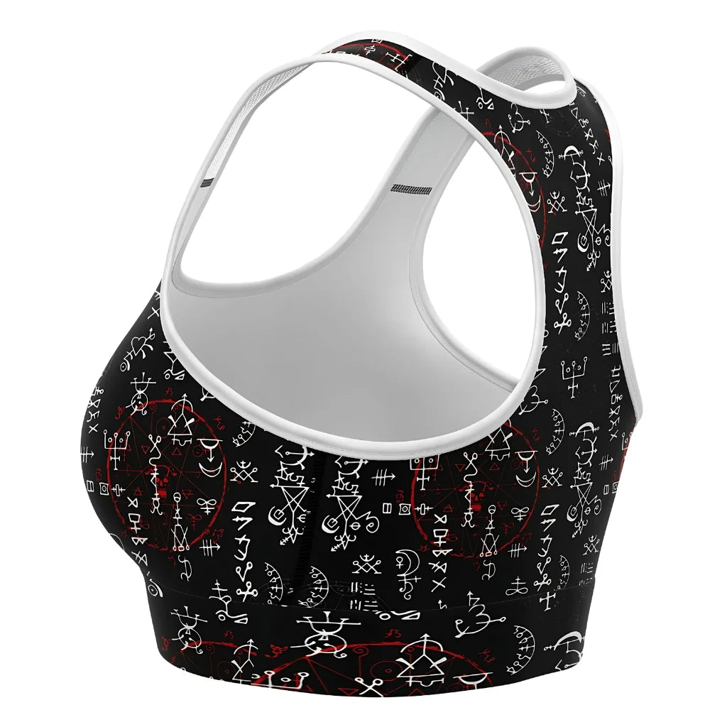 Black Sports Bra With Alchemy Symbol Print