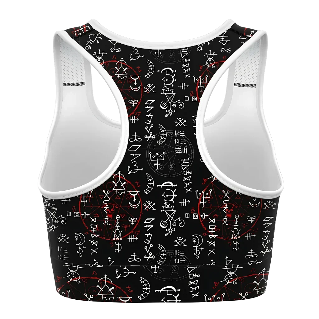Black Sports Bra With Alchemy Symbol Print