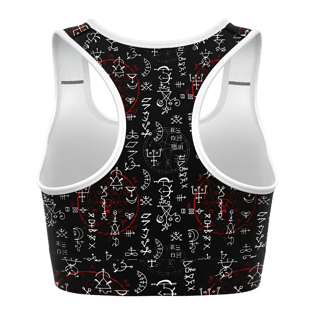 Black Sports Bra With Alchemy Symbol Print