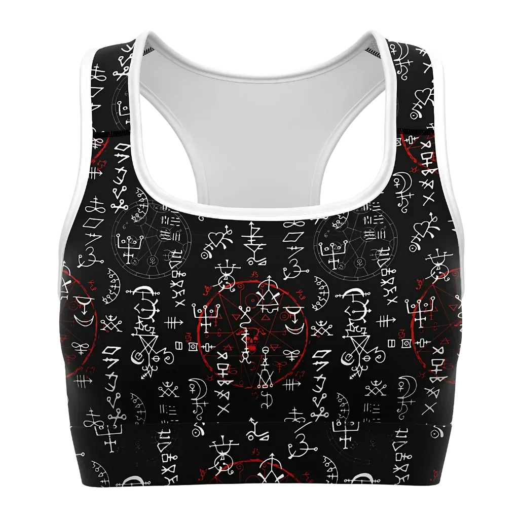 Black Sports Bra With Alchemy Symbol Print - XS