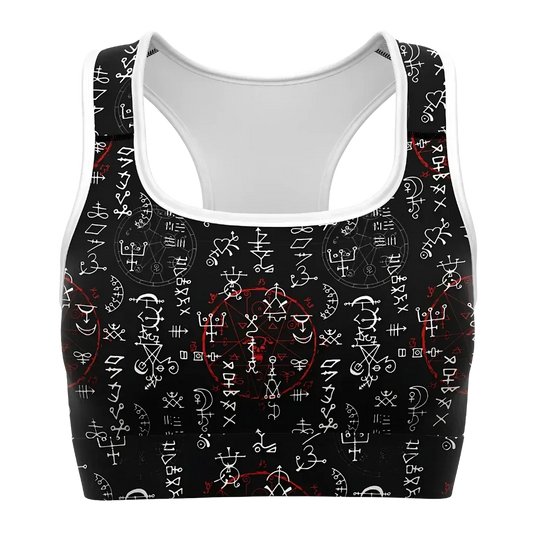 Black Sports Bra With Alchemy Symbol Print - XS
