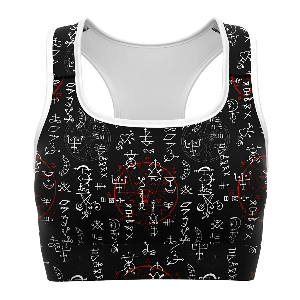 Black Sports Bra With Alchemy Symbol Print - XS