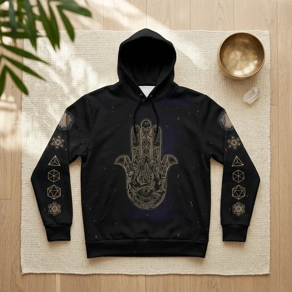 Black Unisex Hoodie With Hamsa And Sacred Geometry