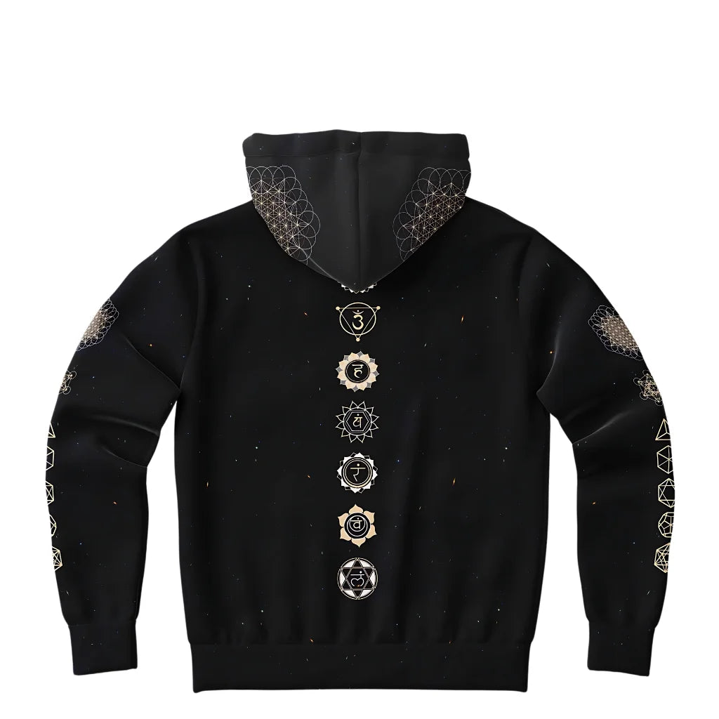 Black Unisex Hoodie With Hamsa And Sacred Geometry
