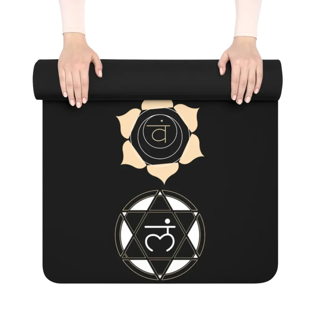 Black Yoga Mat With Golden Chakra Energy Symbols - 24x68