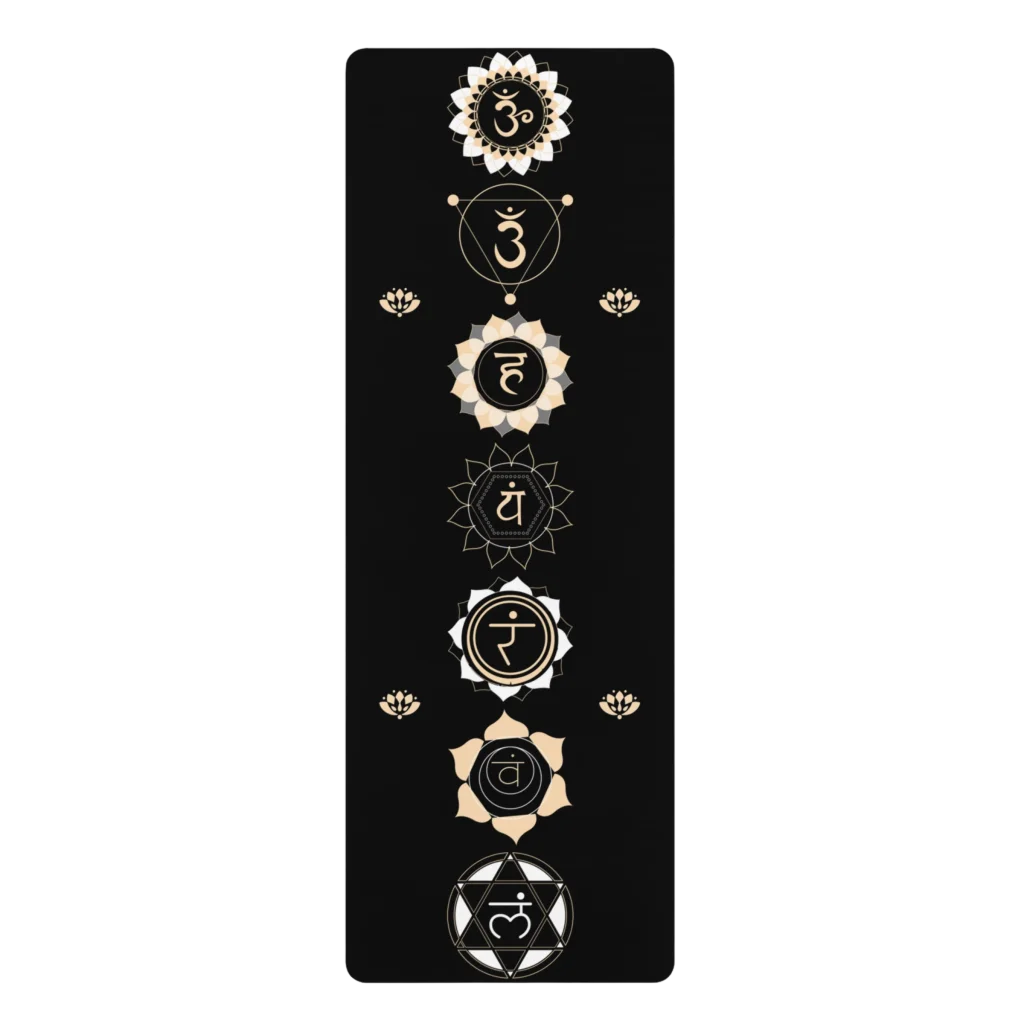 Black Yoga Mat With Golden Chakra Energy Symbols - 24x68