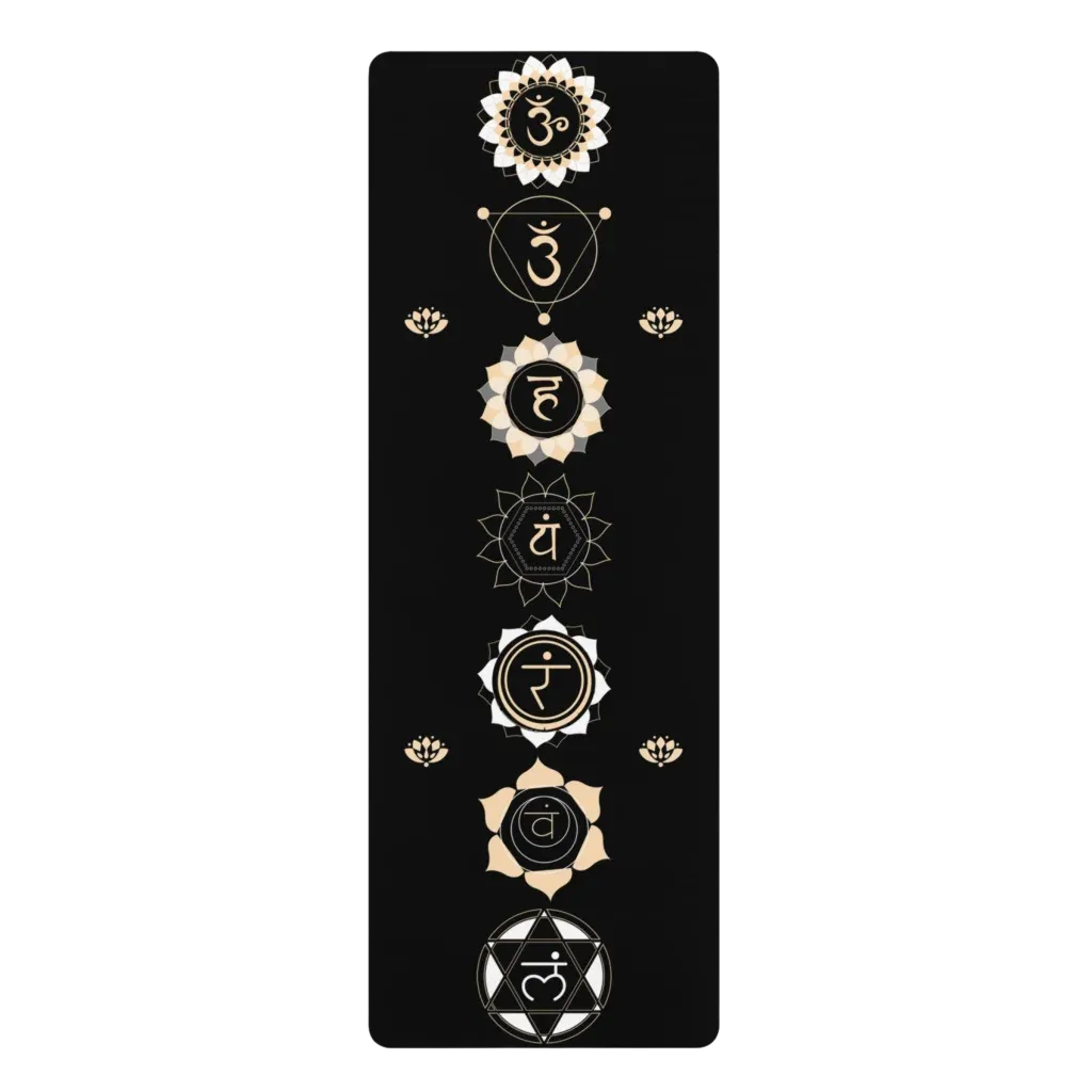 Black Yoga Mat With Golden Chakra Energy Symbols - 24x68