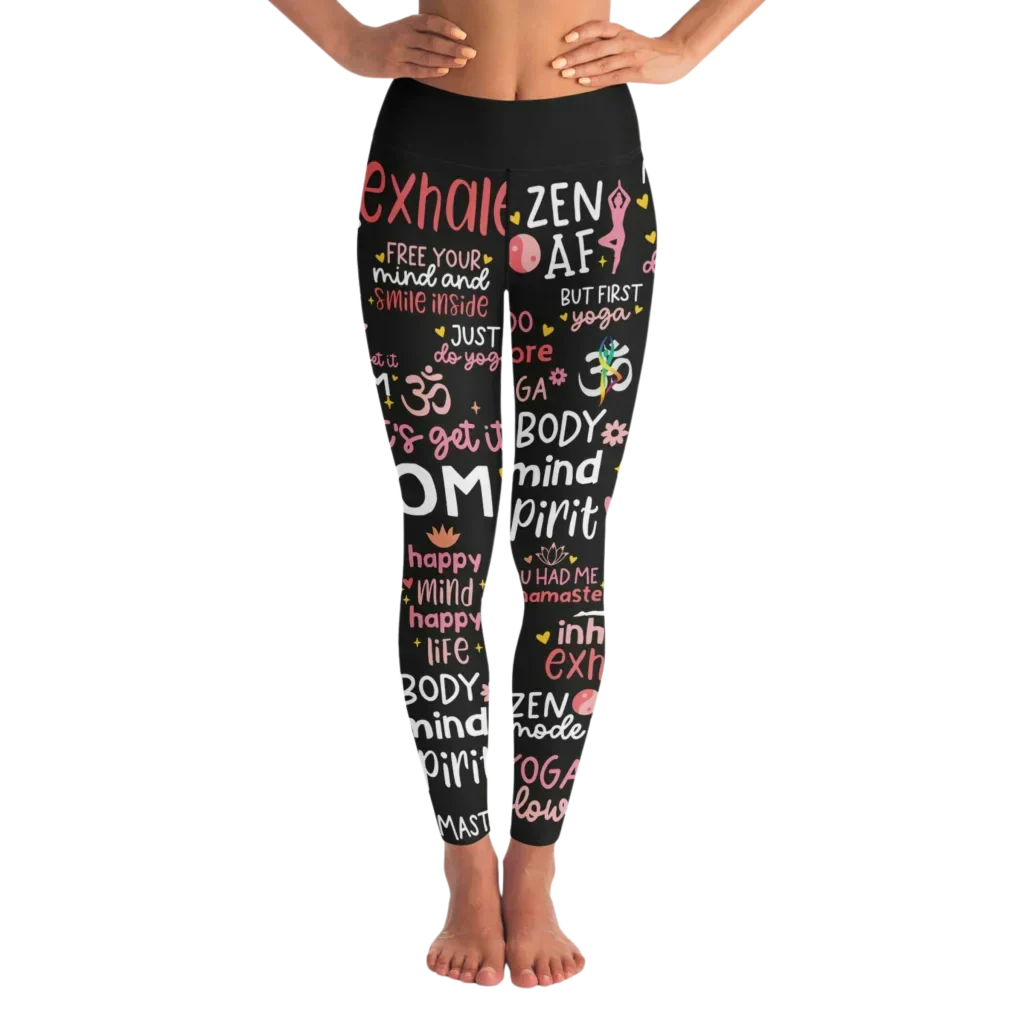 Black Yoga Pants With Inspirational Quote Print - XS