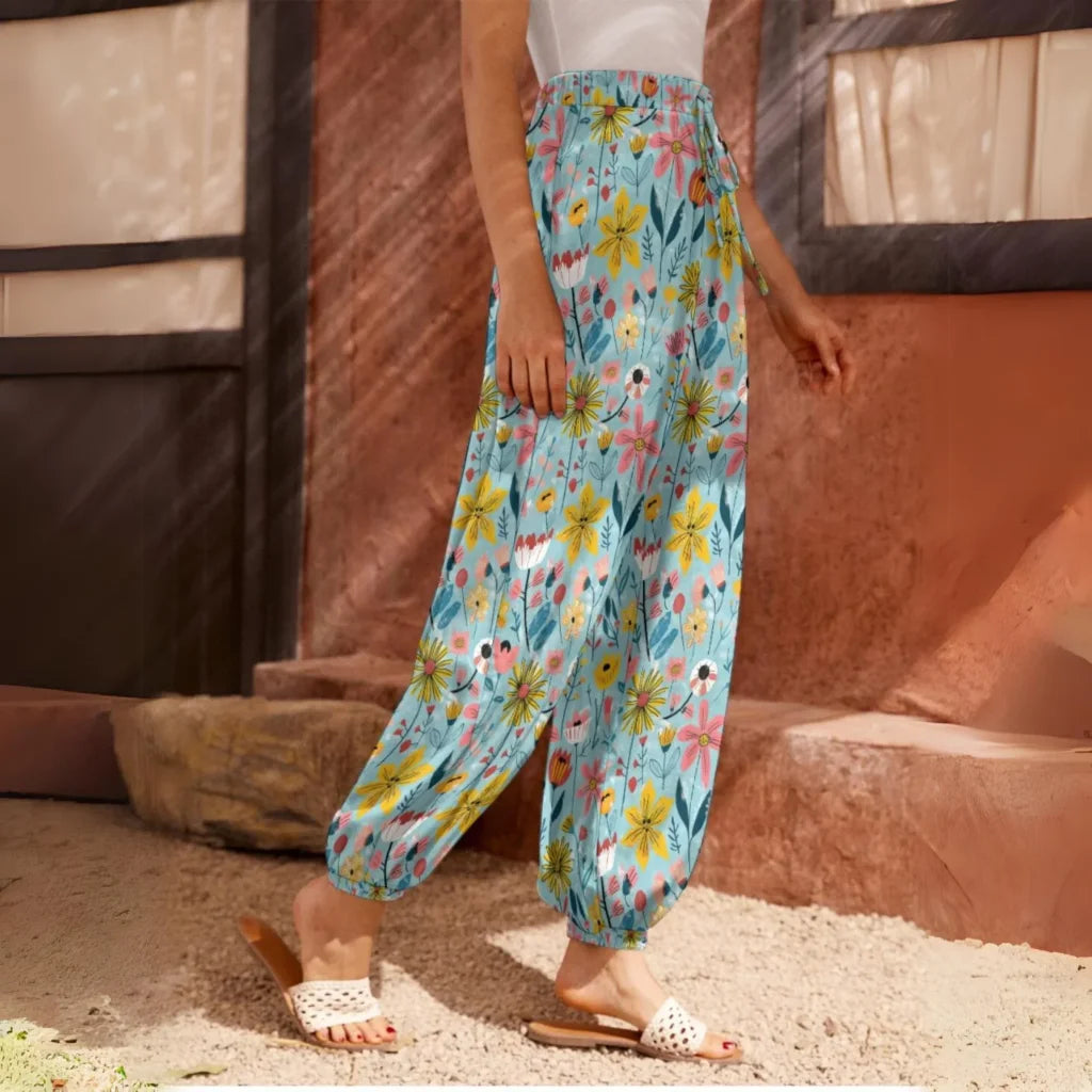 Bohemian Harem Pants In Soft Blue Floral Doodle