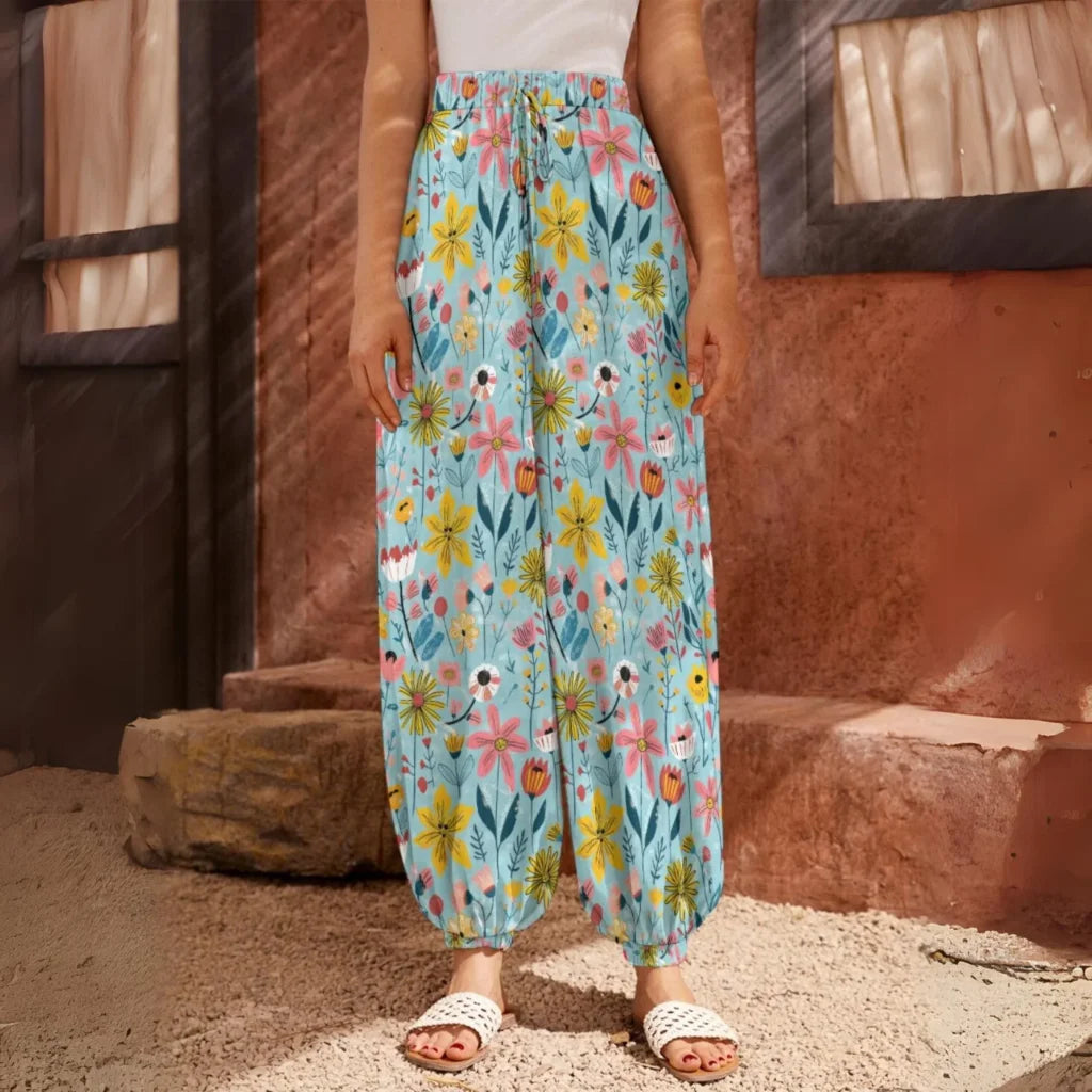 Bohemian Harem Pants In Soft Blue Floral Doodle