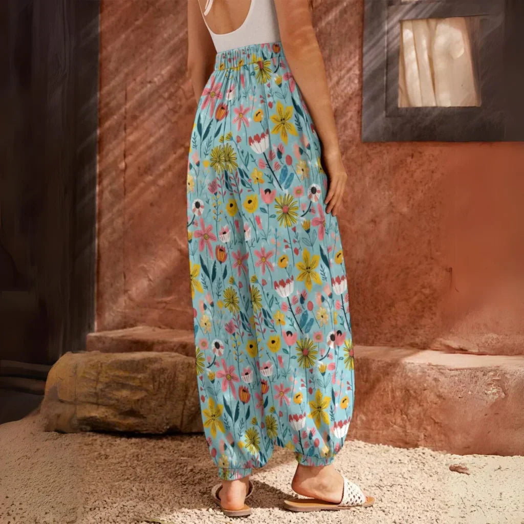 Bohemian Harem Pants In Soft Blue Floral Doodle