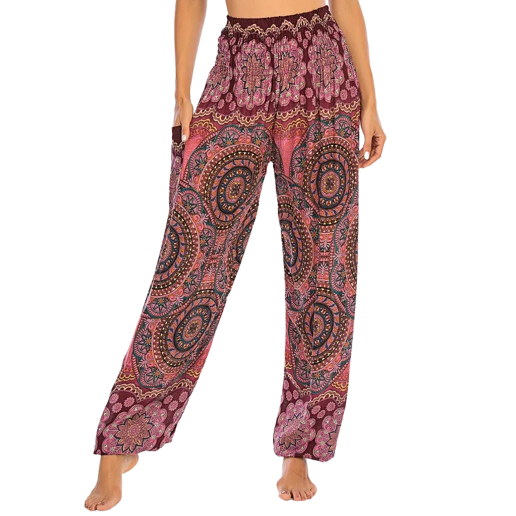 Boho Boho Pants In Vibrant Minimalist Prints - Wine Red / one size