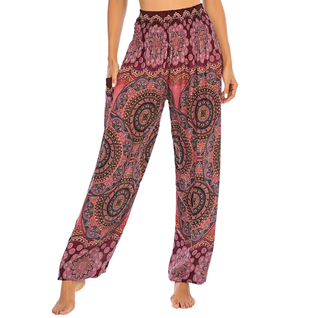 Boho Boho Pants In Vibrant Minimalist Prints - Wine Red / one size