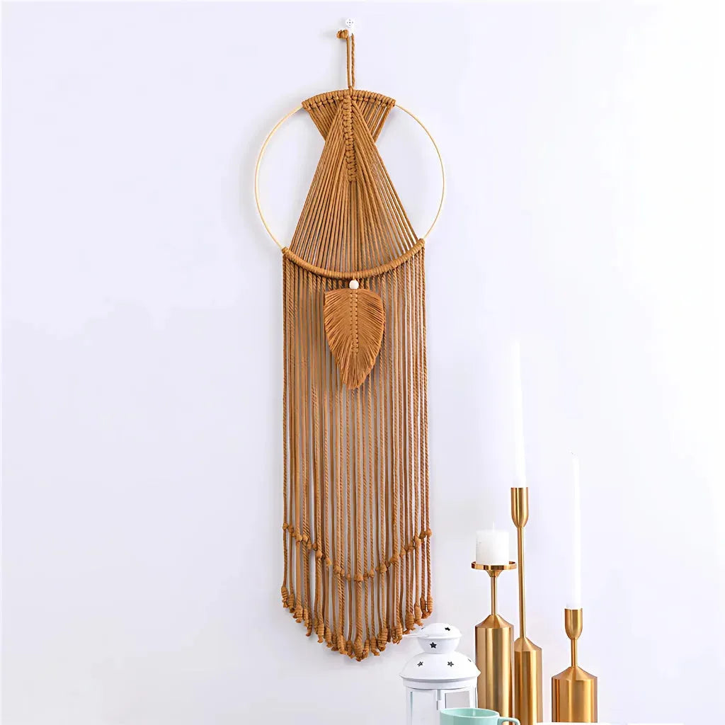 Boho Cotton Hanging Wall Hangings With Leaf Design - Brown