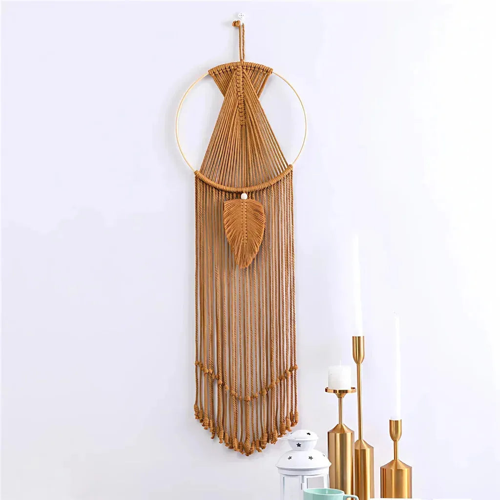 Boho Cotton Hanging Wall Hangings With Leaf Design - Brown