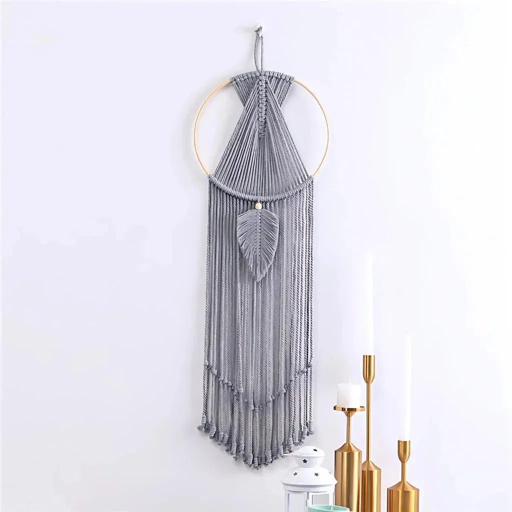 Boho Cotton Hanging Wall Hangings With Leaf Design - Grey