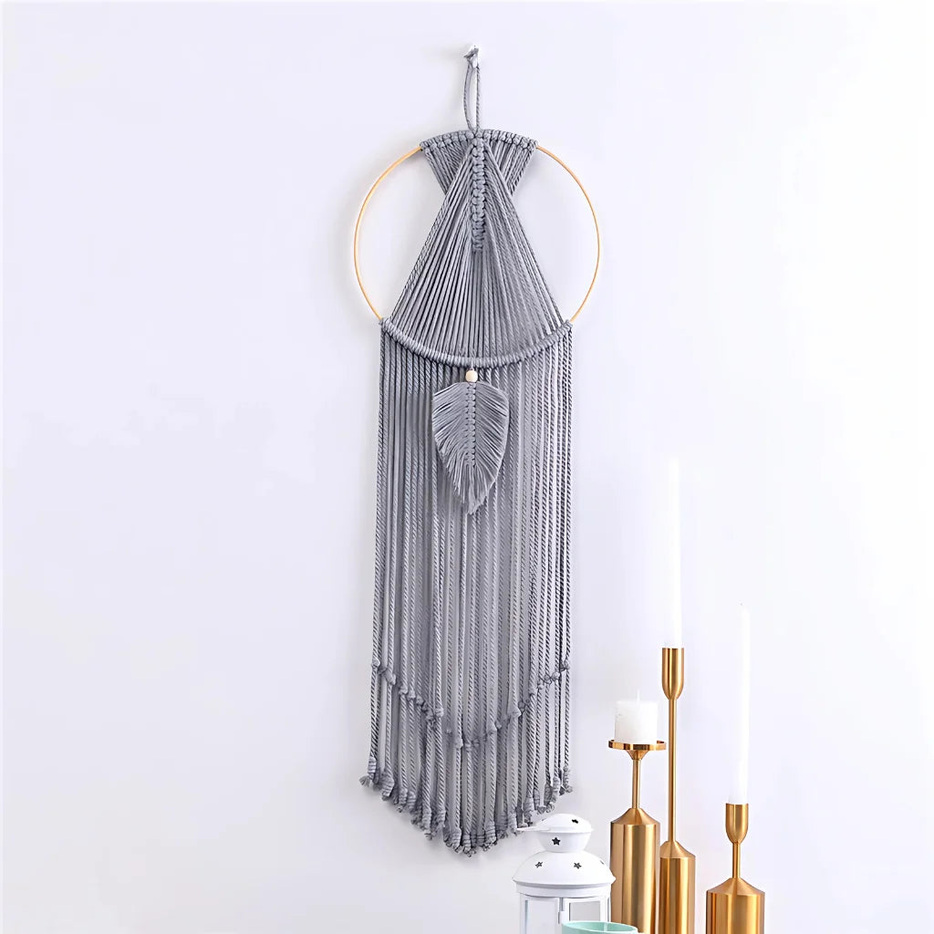 Boho Cotton Hanging Wall Hangings With Leaf Design - Grey