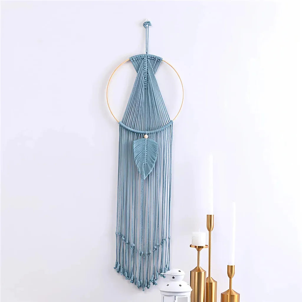 Boho Cotton Hanging Wall Hangings With Leaf Design - Light Blue