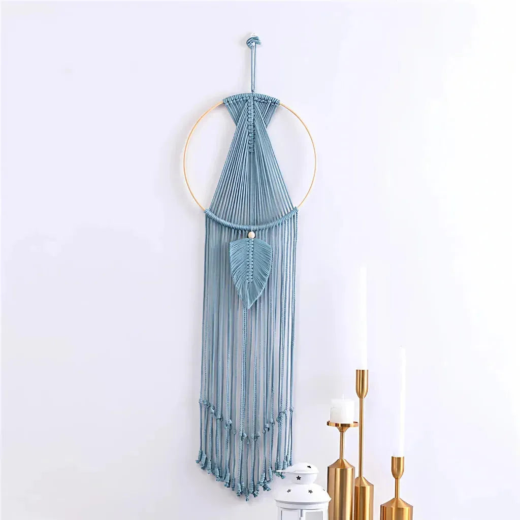 Boho Cotton Hanging Wall Hangings With Leaf Design - Light Blue