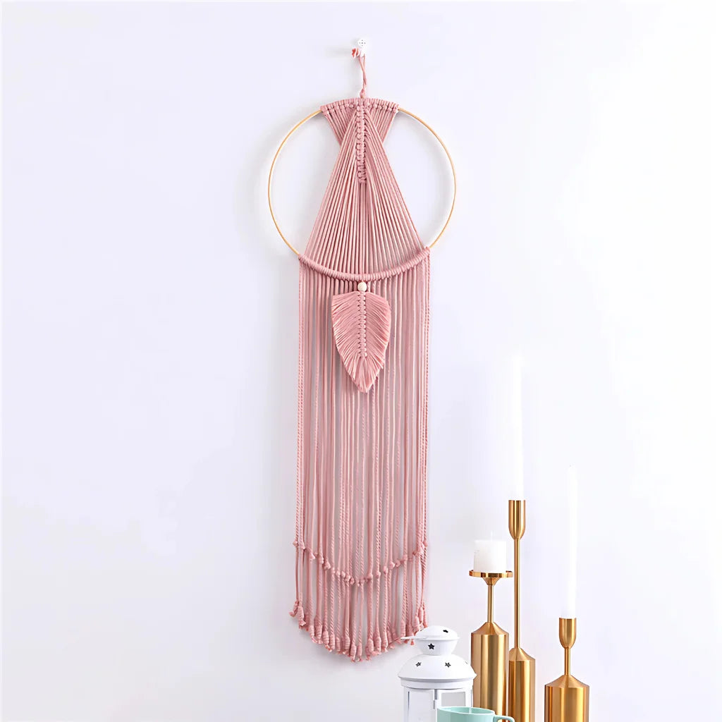 Boho Cotton Hanging Wall Hangings With Leaf Design - Pink