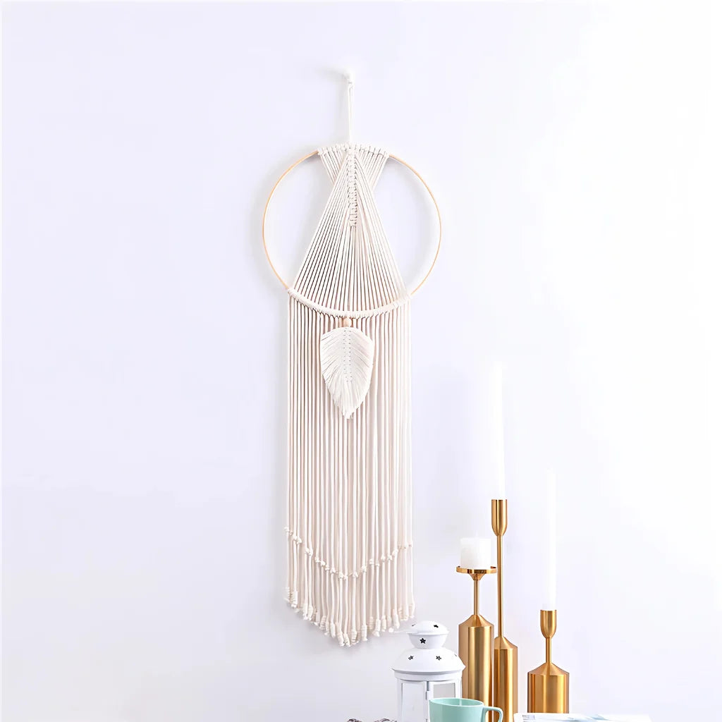 Boho Cotton Hanging Wall Hangings With Leaf Design - White