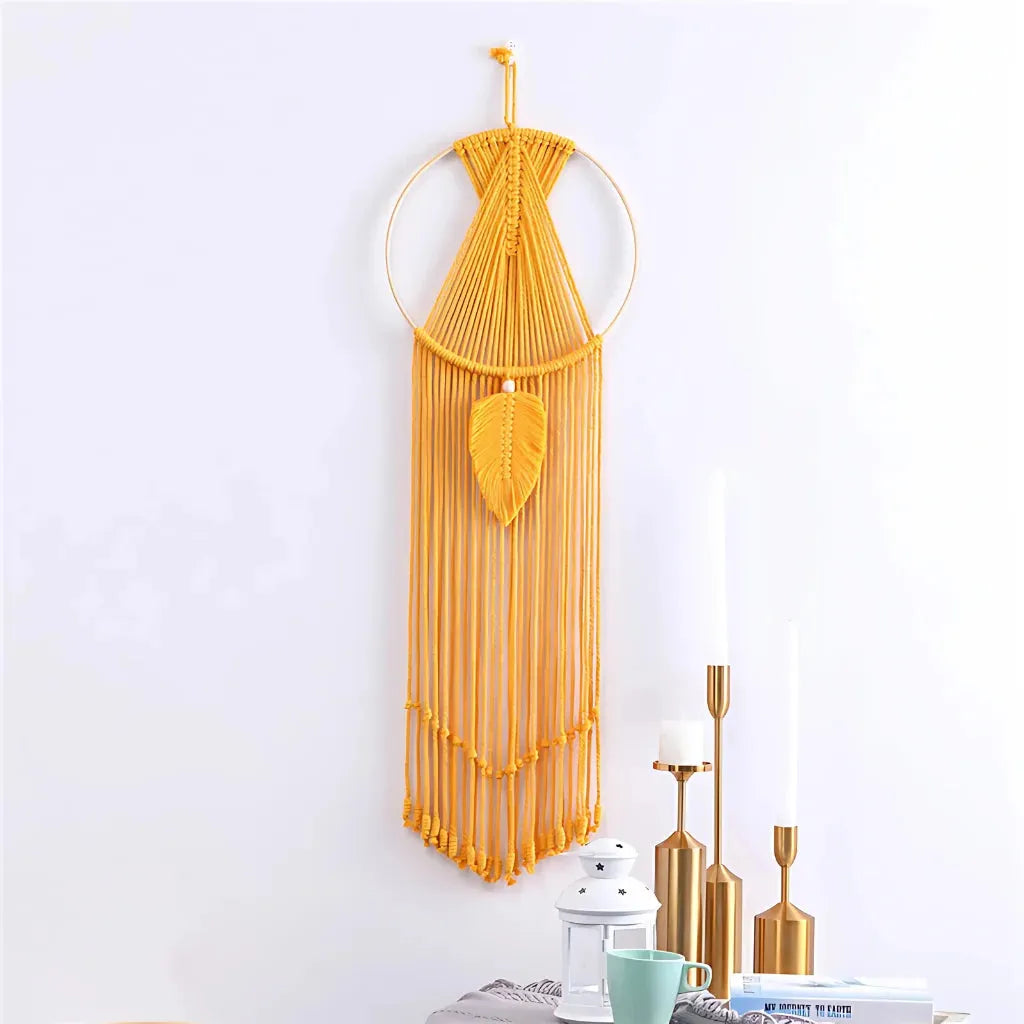 Boho Cotton Hanging Wall Hangings With Leaf Design - Yellow