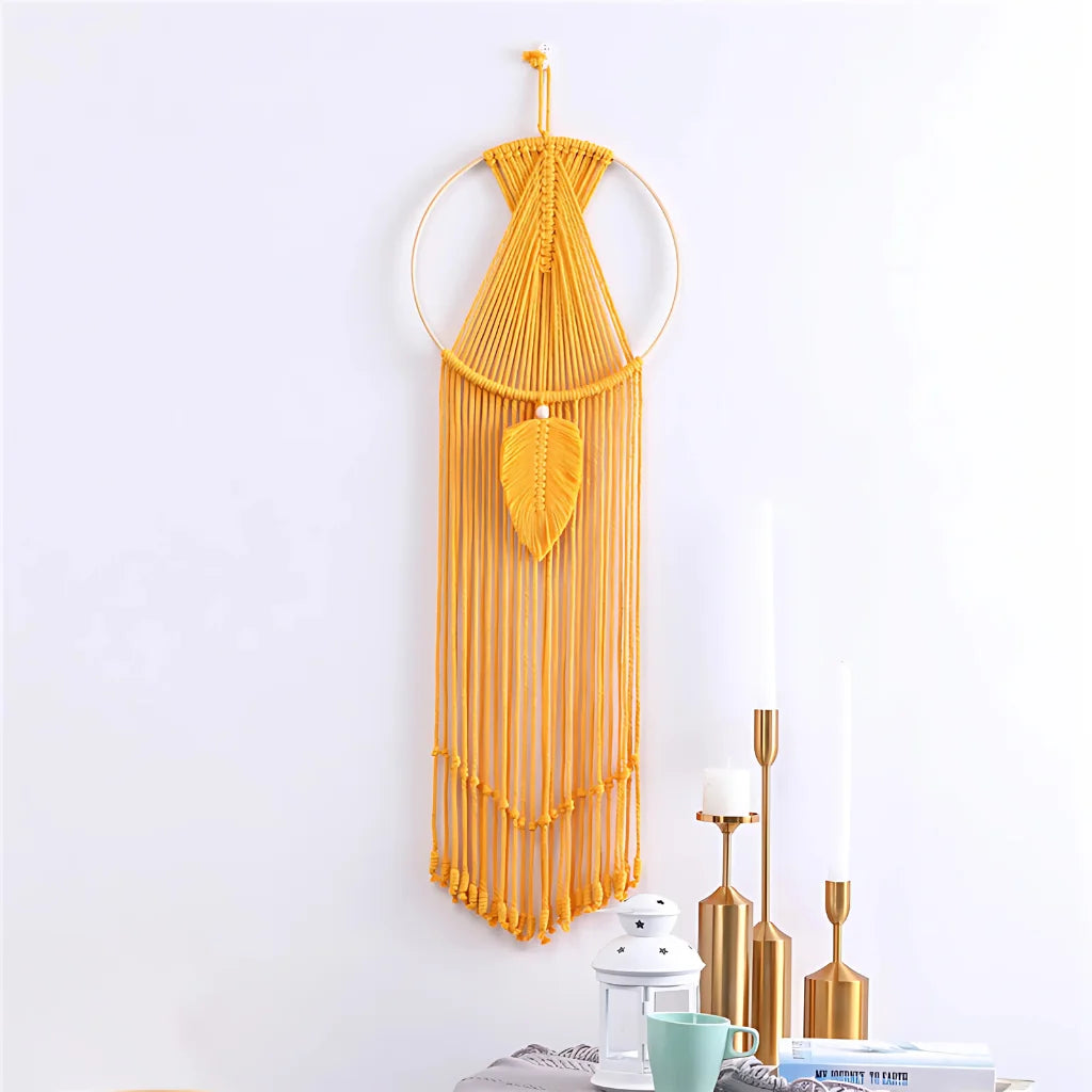 Boho Cotton Hanging Wall Hangings With Leaf Design - Yellow