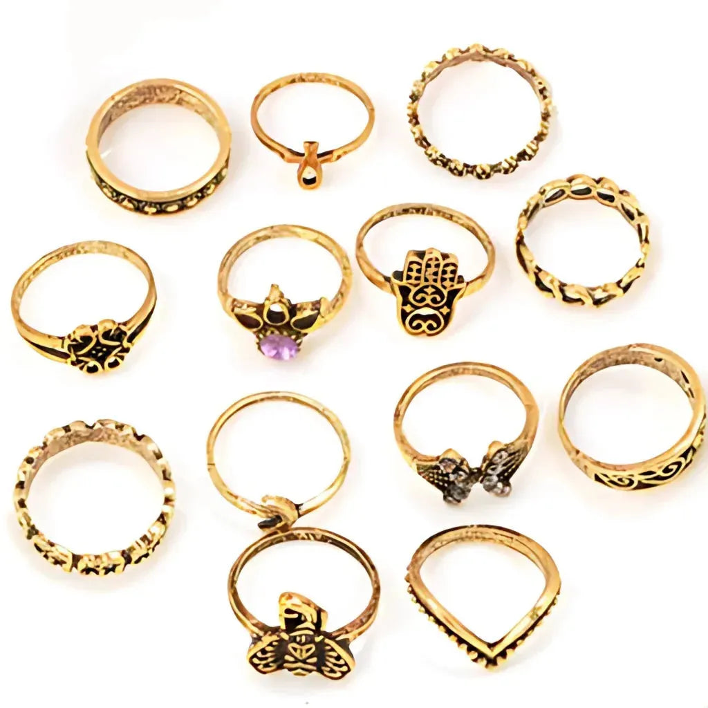 Boho Magic Rings With Antique Gemstone Inlays - Golden Pair of All Rings