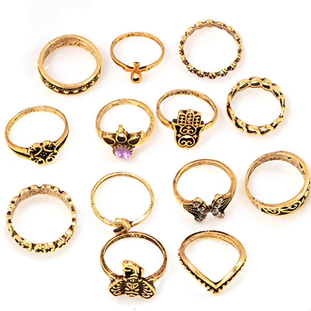Boho Magic Rings With Antique Gemstone Inlays - Golden Pair of All Rings