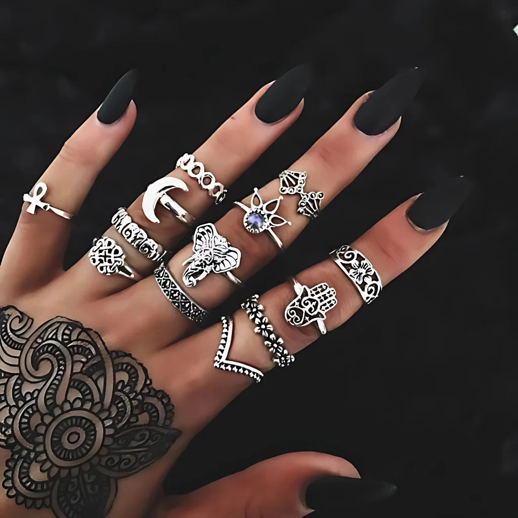 Boho Magic Rings With Antique Gemstone Inlays - Silvery Pair of All Rings