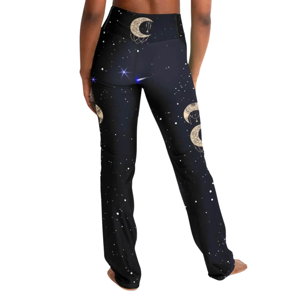 Boho Moon Black Pants With Flare And Night Sky Design
